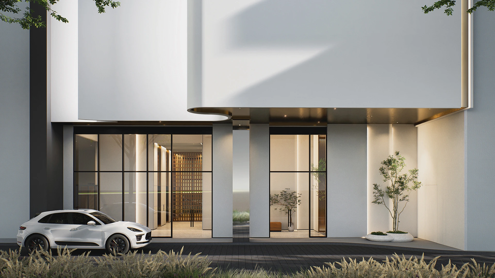 Artist impression of the white exterior residential lobby at ARRA Residences